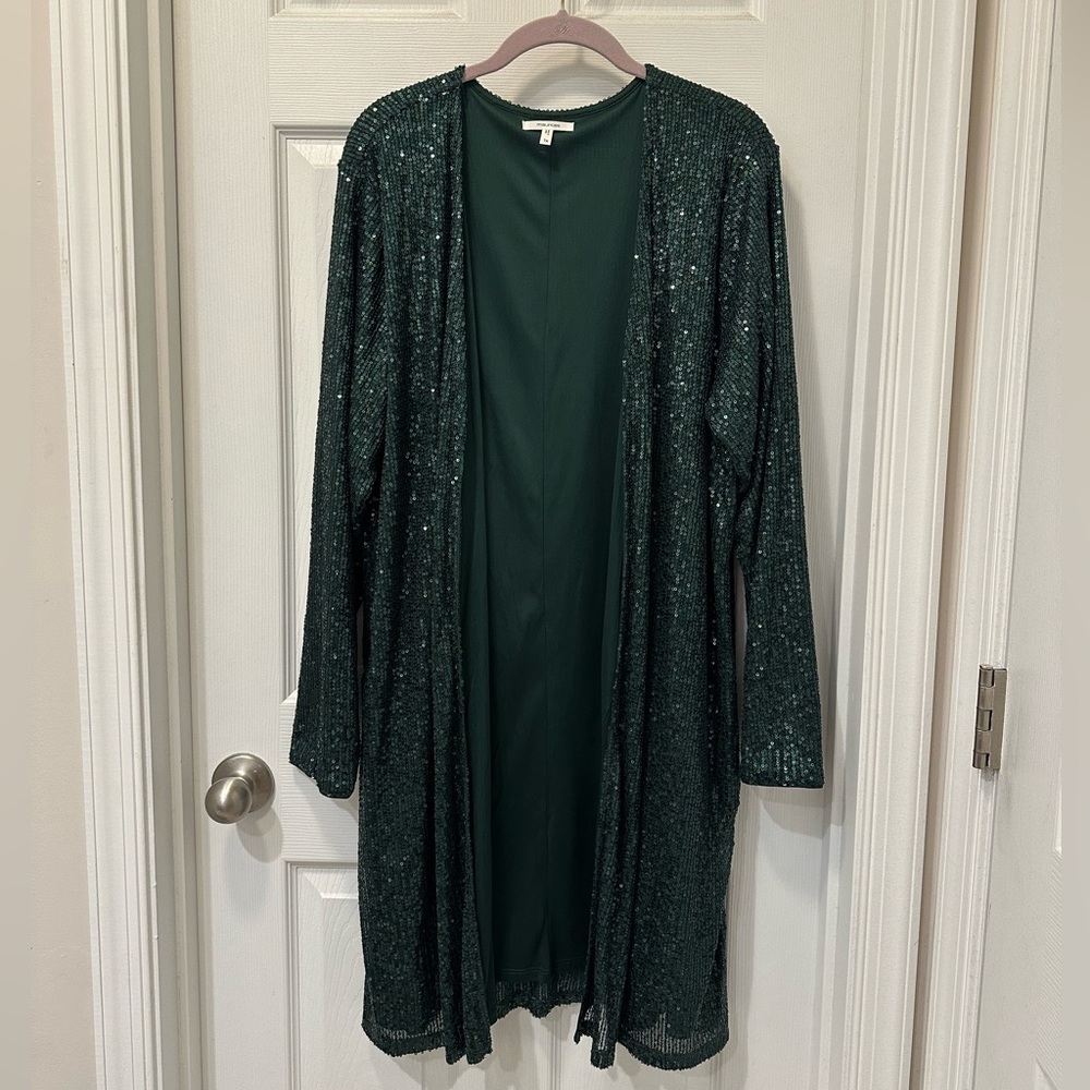 Plus Size Green Sequin Duster Cardigan
